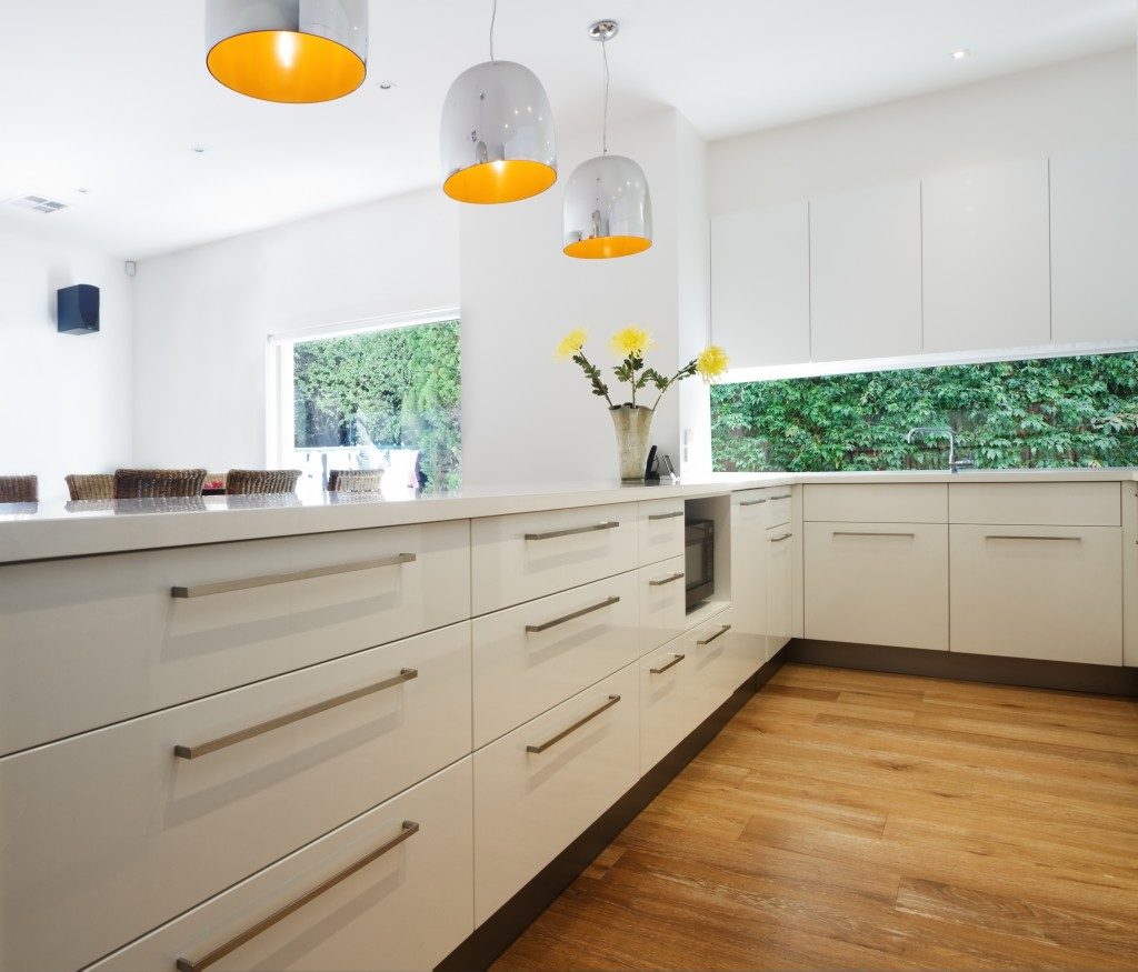 Close up of cabinetry drawers in a new contemporary white kitchen renovation