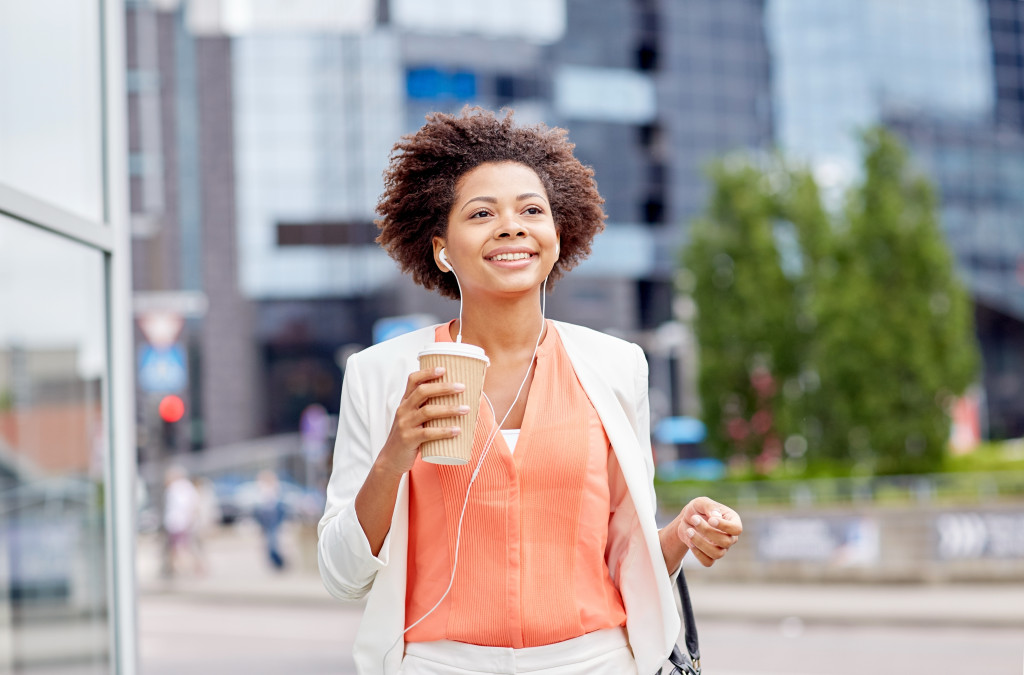 woman walking happily